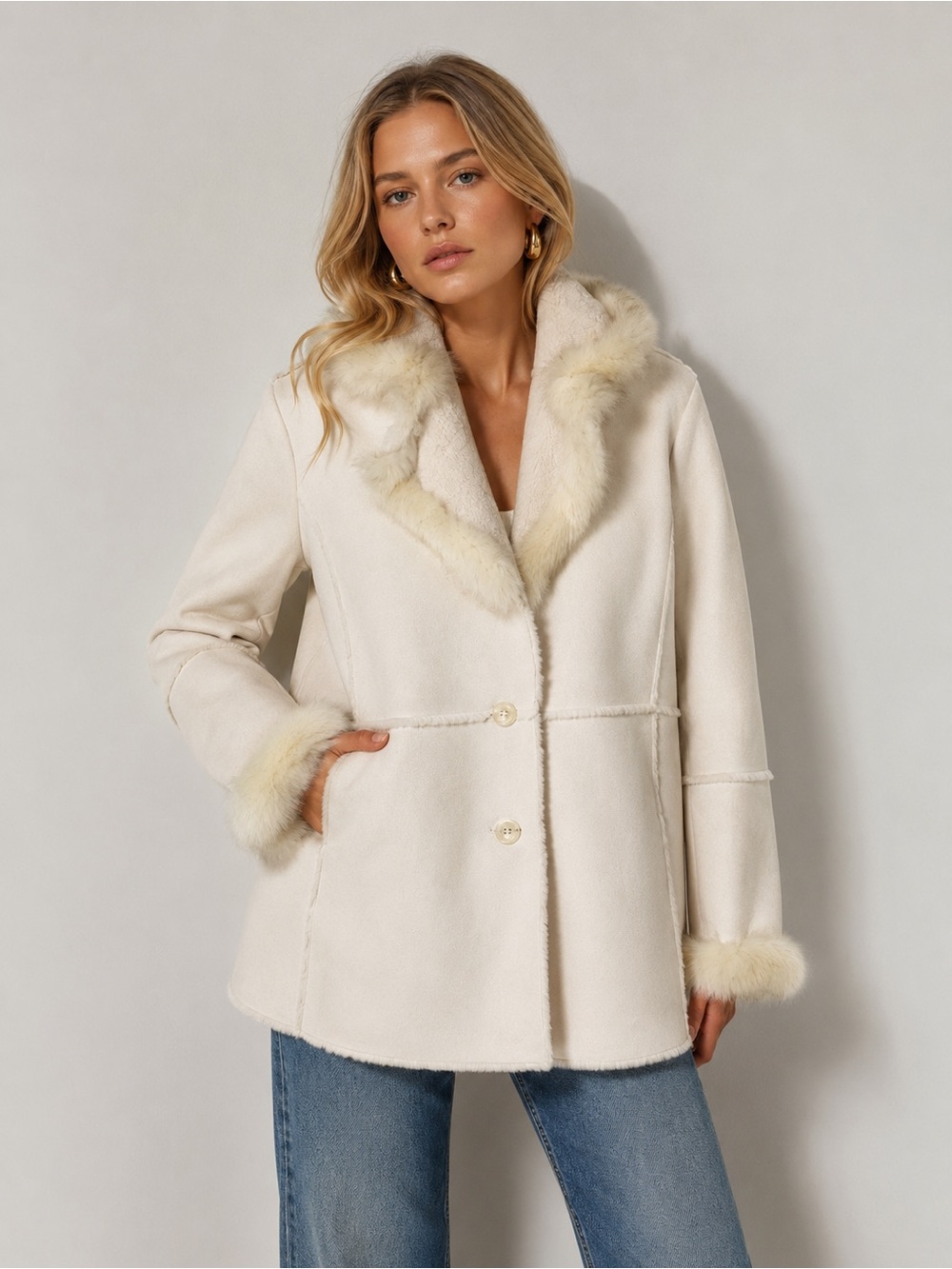 Regent Park Genuine Fur Trim Cream Faux Suede Coat Old Money Eskimo Feminine